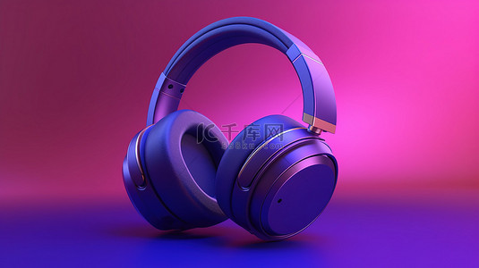 充满活力的紫色背景上的 3D 环绕无线耳机