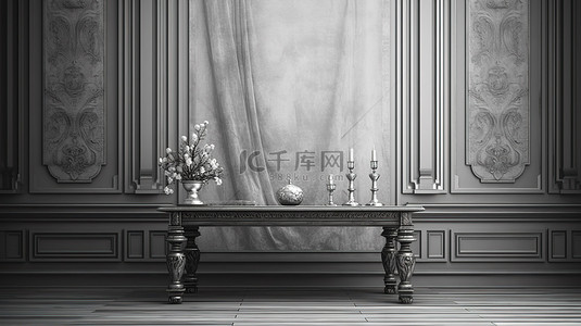 家具雕刻背景图片_传统室内环境中优雅的雕刻桌，具有充足的复制空间 3D 渲染