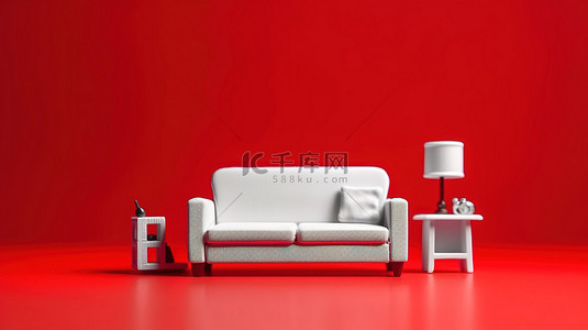 落地灯沙发背景图片_背景为红色沙发的微型房间的单色红色 3D 图标