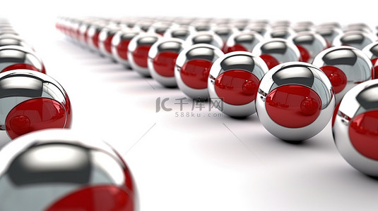 可视化图背景图片_可视化白色背景上带有红色箭头球体的行中铬球体的领导力 3D 渲染
