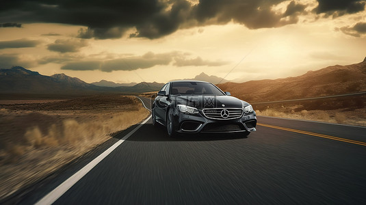 路上背景背景图片_道路上一辆时尚黑色汽车的 3D 渲染和插图