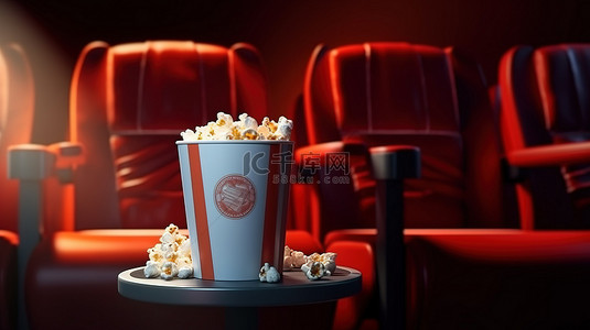 爆米花和饮料背景图片_电影院座位的 3D 渲染，配有爆米花和饮料