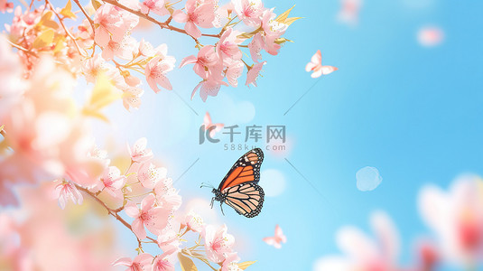 飞翔的蝴蝶背景图片_粉红色樱花和飞翔的蝴蝶素材