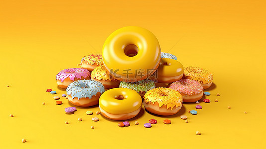 等距场景，以 3D 渲染甜甜圈为特色，采用有趣的设计，黄色背景，适合餐厅面包店和食品配送服务