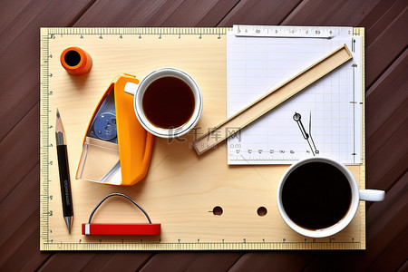 木桌上有两把尺子剪刀铅笔卷尺和一杯咖啡