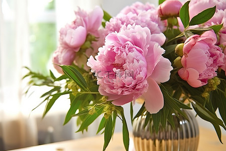 家里花瓶里的粉色牡丹和绿色植物