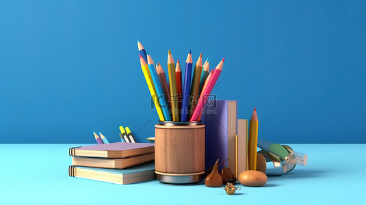 蓝色背景下的创新学习 3D 铅笔和书籍