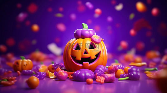 匪萌十月壁纸背景图片_幽灵般色彩缤纷的万圣节庆祝活动，南瓜灯笼甜食和充满活力的紫色背景上的幽灵景象，3D 中的经典十月假期