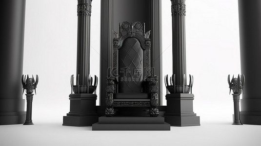 金冠背景图片_黑色国王宝座，3D 渲染站在白色背景的黑色柱子之间