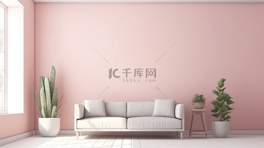墙壁沙发背景图片_单色浅粉色室内房间配有沙发桌和仙人掌花瓶，配有充足的复制空间 3D 渲染