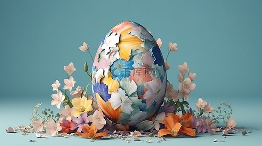 色彩绽放背景图片_春天的花朵装饰着复活节彩蛋的 3D 渲染打开，有充足的复制空间