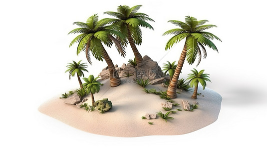 一个宁静的热带海滩与棕榈树的孤立 3D 插图