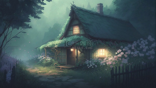 墨绿叶背景图片_小屋鲜花插画美丽背景