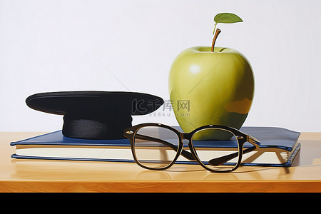 苹果眼镜和桌面上的毕业帽