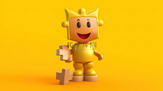 黄色背景 3D 渲染上金色奖杯吉祥物周围的彩色拼图碎片