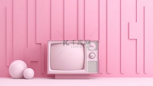 新媒体复古背景图片_复古粉色和白色电视，在柔和的背景媒体连接横幅上具有最小的卡通风格，并带有复制空间 3D 渲染插图