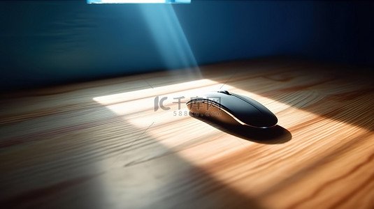带笔记本电脑鼠标和 3d 渲染对象的木桌，由蓝色墙壁和自然光突出