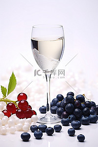 白桌上的一杯白葡萄酒和蓝莓