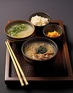 一碗汤，盘子上有勺子和筷子