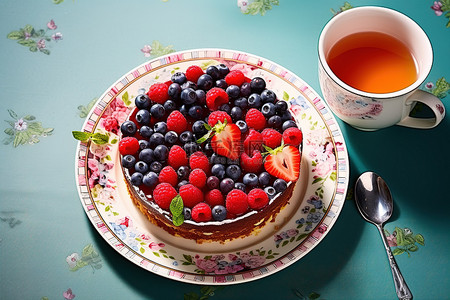 一杯茶和一片浆果蛋糕