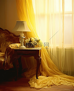 黄色灯背景图片_一间挂着黄色窗帘的客厅坐落在象牙色的灯旁边
