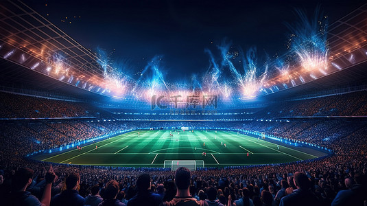 球迷争执背景图片_夜空下有球迷的足球场的 3D 渲染