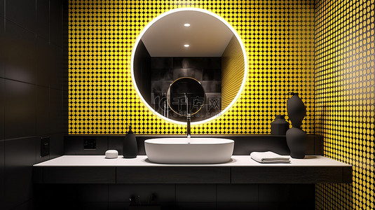 现代浴室设计采用黄色马赛克墙矩形镜子和 3D 渲染的圆滑圆形洗脸盆