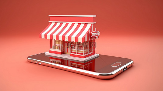 电子产品商店背景图片_智能手机转变为网上商店的 3D 渲染