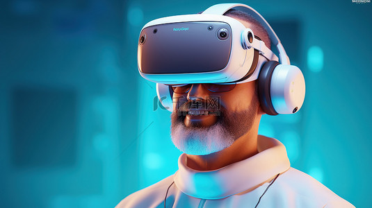 卡通虚拟现实背景图片_戴着虚拟现实头盔的俏皮 3D 医生