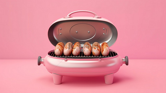粉红色 3D 可视化 3D 渲染背景上烧烤的四根香肠