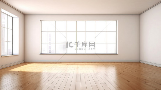 3D创建的白色墙壁和木地板的简约生活空间