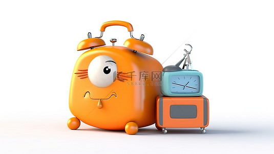 白色背景下带有橙色旅行手提箱的可爱闹钟吉祥物的 3D 渲染