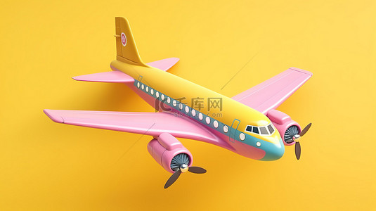 柔和的黄色背景上充满活力的粉红色飞机设计 3D 渲染插图