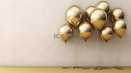金属色卡背景图片_一群闪闪发光的金色气球对沙色墙壁 3d 渲染