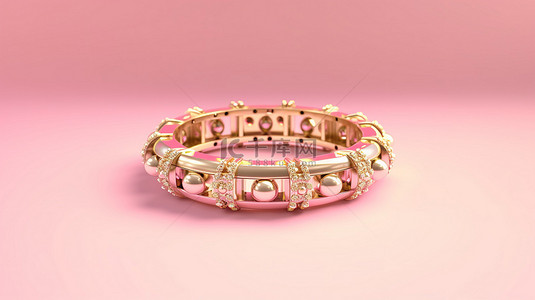 项链戒指耳环背景图片_粉红色背景上独立站立的金手镯的 3D 渲染