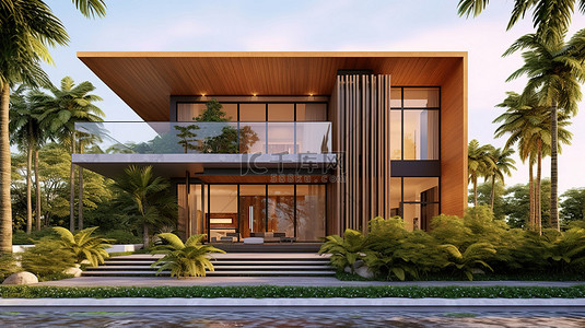 从正面角度看热带房屋建筑的当代 3D 插图