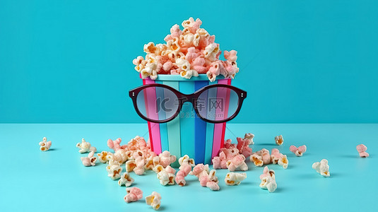 洒满爆米花的爆米花从装有 3D 眼镜的桶中溢出，背景为柔和的蓝色和粉色