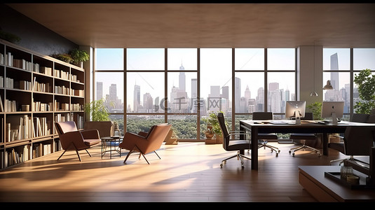 现代工作场所设计与全景城市景观增强家具和设备 3D 渲染