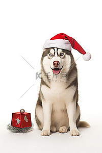 戴着圣诞老人帽子坐在地上的小哈士奇狗
