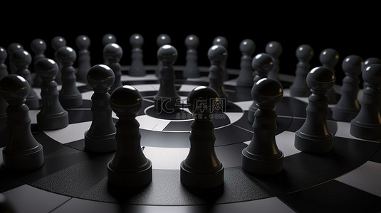 商业挑战和销售代表动机概念 3D 目标，黑色背景上的棋子