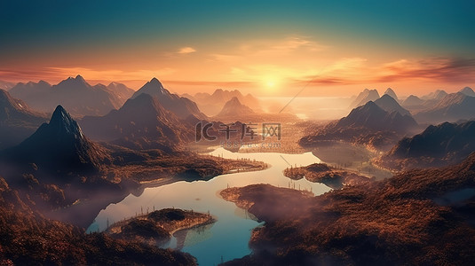 幻想山景与河流中雾日落的 3D 插图