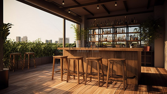 木地板屋顶景观与设计精美的吧台 3d 渲染