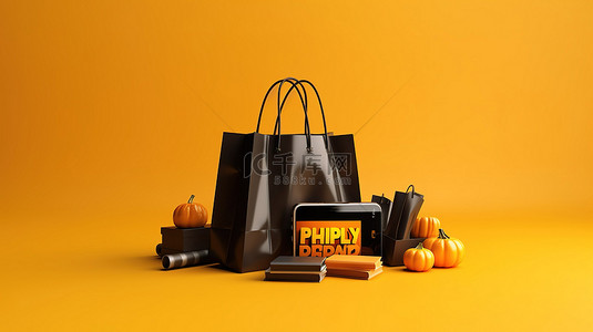 商城公告背景图片_黑色星期五横幅的 3D 插图，配有智能手机和购物袋