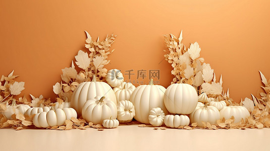 感恩节海报背景图片_万圣节和感恩节横幅的白色南瓜的 3D 渲染插图