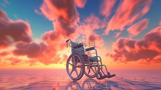 打篮球碎片剪影背景图片_3d 创建的超现实日落风景与无人占用​​的轮椅