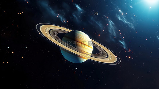 雄伟的土星是一颗气态巨行星，在太空深处有一个迷人的小行星环 3d 渲染