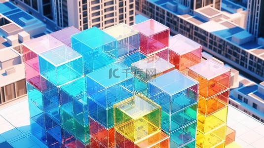 鸟瞰图上色彩鲜艳的玻璃摩天大楼的 3D 渲染