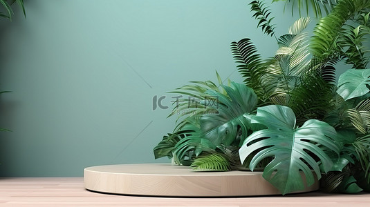 绿色绿叶背景图片_用热带树叶装饰的讲台模型的 3D 渲染，用于产品展示