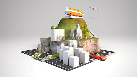 孤立的广告立方体展示高速公路上的 3D 旅行和度假道路体验