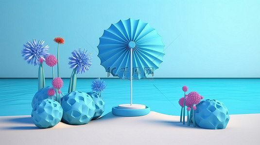 主题展示背景图片_夏季海滩主题展示蓝色讲台的 3d 渲染与海滩配件